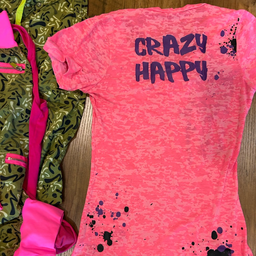 Zumba Fitness Pink Tank, camo cropped pant, camo shorts, light cardigan, fun top - Picture 4 of 14